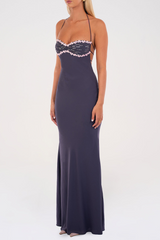 Floral Trim Sequin Beady Solid Color Halter Maxi Dresses - Fuchsia Pre Order