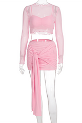 Mesh Long Sleeve Crop Top Crop Cami Ruched Tie Up Sash Mini Skirt 3pcs Set - Pink