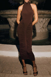 High Neck Halter Ruched Bodycon Solid Color Midi Dresses - Brown