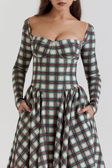 Plaid Pattern Long Sleeve Corset A - Line Pleated Midi Dresses - Red