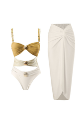 Cutout Colorblock Cami One - Piece Swimsuit Ruched Maxi Skirt 2pcs Set - Yellow