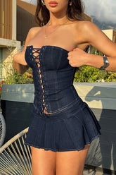 Imitated Denim Strapless Lace Up Slim Fit Top Pleated Mini Skirt 2pcs Set - Navy