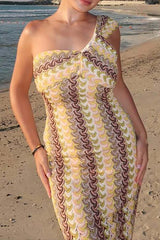 Abstract Striped Knit One Shoulder Bodycon Vacation Maxi Dresses - Yellow