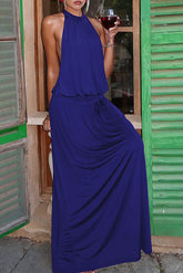 Solid Color Cinch Waist Halter Maxi Dresses - Purple