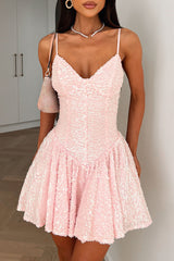 V Neckline Cinch Waist Sequin Strappy Mini Dresses - Pink Pre Order