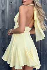 Lace Patchwork Cinch Waist Deep V Neck Halter Ruffled Mini Dresses - Yellow