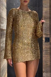 Sequin Long Sleeve Open Back Bow Decor Party Mini Dresses - Gold