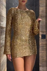 Sequin Long Sleeve Open Back Bow Decor Party Mini Dresses - Gold