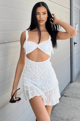 Irregular Neck Back Lace Up Sleeveless Mesh embroidery Jacquard Ruffle Hem Mini Dresses