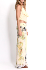 Cowl Neck Crop Top Floral Print Slit Maxi Skirt 2pcs Set - Yellow