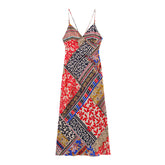 European and American style patchwork printed pullover sleeveless suspender MIDI dress
