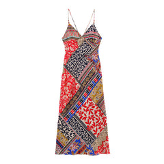 European and American style patchwork printed pullover sleeveless suspender MIDI dress