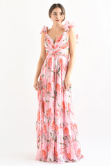 Floral Print Ruffled Straps Lace Up Backless Maxi Dresses - Pink
