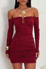 Off Shoulder Long Sleeve Ruched Solid Color Bodycon Mini Dresses - Blue