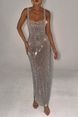 Glittering Hot Drilling Backless Party Maxi Slip Dresses - Silver