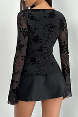 Lace Trim V Neckline Long Sleeve Floral Pattern Slim Fit Top - Black