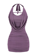 Halter Neck Draped Design Ruched Solid Color Bodycon Mini Dresses - Purple