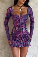 Irregular Neck Long Sleeve Mixed Print Layered Ruffled Mini Dresses - Purple