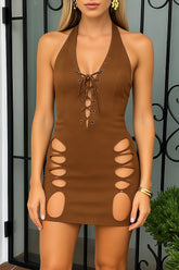 Lace Up Plunge Neck Cutout Bodycon Halter Mini Dresses - Brown Pre Order