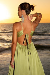 Cross Halter Neck Open Back A - Line Solid Color Maxi Dresses - Green