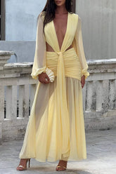 Deep V Neck Lantern Sleeve Cutout Ruched See Through Maxi Dresses - Yellow
