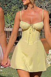 Front Tie Up Corset Design Solid Color A - Line Slip Mini Dresses - Yellow