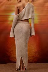 Flare Sleeve Crop Top Knit Slim Fit Maxi Skirt Matching Set - Brown