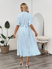 Shirt-style puff sleeve lapel striped dress
