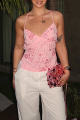 Sequin Floral Pattern V Neckline Halter Open Back Top - Pink