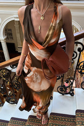 Abstract Print Cowl Neckline Sleeveless Slim Fit Colorblock Maxi Dresses - Brown