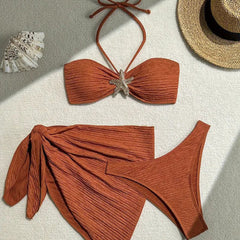 Metal Starfish Decor Halter Bikini Tie Up Mini Skirt Swimsuit 3pcs Set - Orange