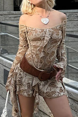 Off Shoulder Long Sleeve Ruffled Ripped Mini Dresses - Khaki