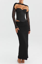 Lace Patchwork Long Sleeve Corset Slim Fit Maxi Skirt Matching Set - Black