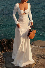 Irregular Neckline Long Sleeve Cutout Semi - Fitted Plain Maxi Dresses - White