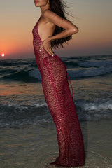 Sequin Halter Neck Backless See Through Maxi Dresses - Red