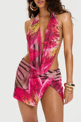 Floral Print Halter Cowl Neck Top Slit Mini Skirt Set - Fuchsia Pre Order
