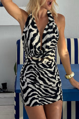 Zebra Print Cowl Neckline Bodycon Halter Mini Dresses - Black