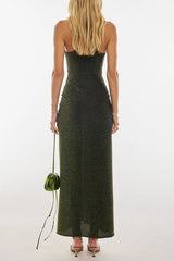 U Neck Cutout Tie Up Ruched Shimmery Maxi Tank Dresses - Green