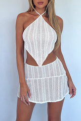 Halter Irregular Hem Knit Top Quilted Mini Skirt Vacation Matching Set - White