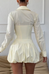 Deep V Neck Long Sleeve Corset Bubbled Mini Skirt 2pcs Set - Beige