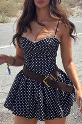 Polka Dot Print Cinch Waist Strappy Mini Dresses - Black
