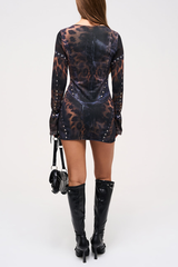 Leopard Print Flare Sleeve Studded Slim Fit Mini Dresses - Black