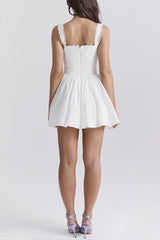 Wide Straps Lace Trim Deep V Neck Corset Mini Dresses - White