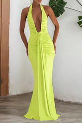 Deep V Neck Ruched Bodycon Solid Color Halter Maxi Dresses - Green