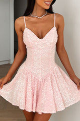 V Neckline Cinch Waist Sequin Strappy Mini Dresses - Pink Pre Order