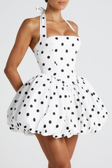 Polka Dot Print Halter Cinch Waist Bubble Mini Dresses - White Pre Order