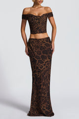 Leopard Print Off Shoulder Crop Top Slim Fit Maxi Skirt 2pcs Set - Brown