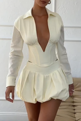 Deep V Neck Long Sleeve Corset Bubbled Mini Skirt 2pcs Set - Beige