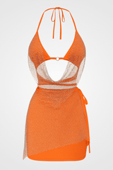 Hot Drilling Fishnet Backless Halter Neck Bra Mini Skirt Matching Set - Orange