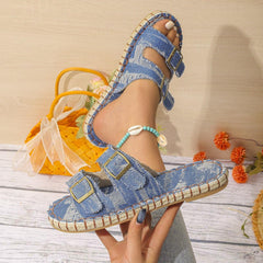 Sandalen aus Denim mit offener Spitze und Schnalle